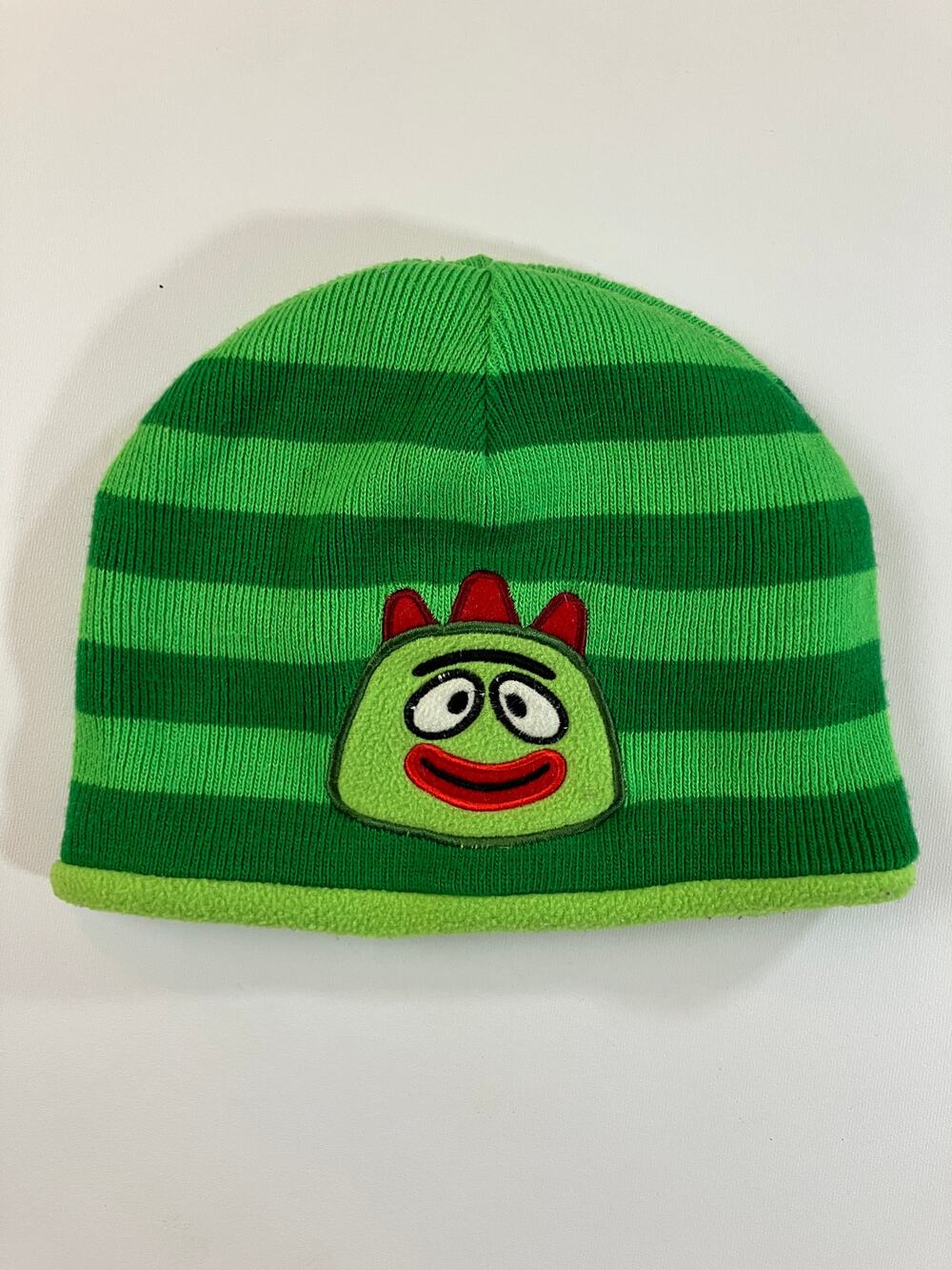Yo Gabba Gabba Brobee Reversible Beanie Kids Green Striped Fleece Character Hat